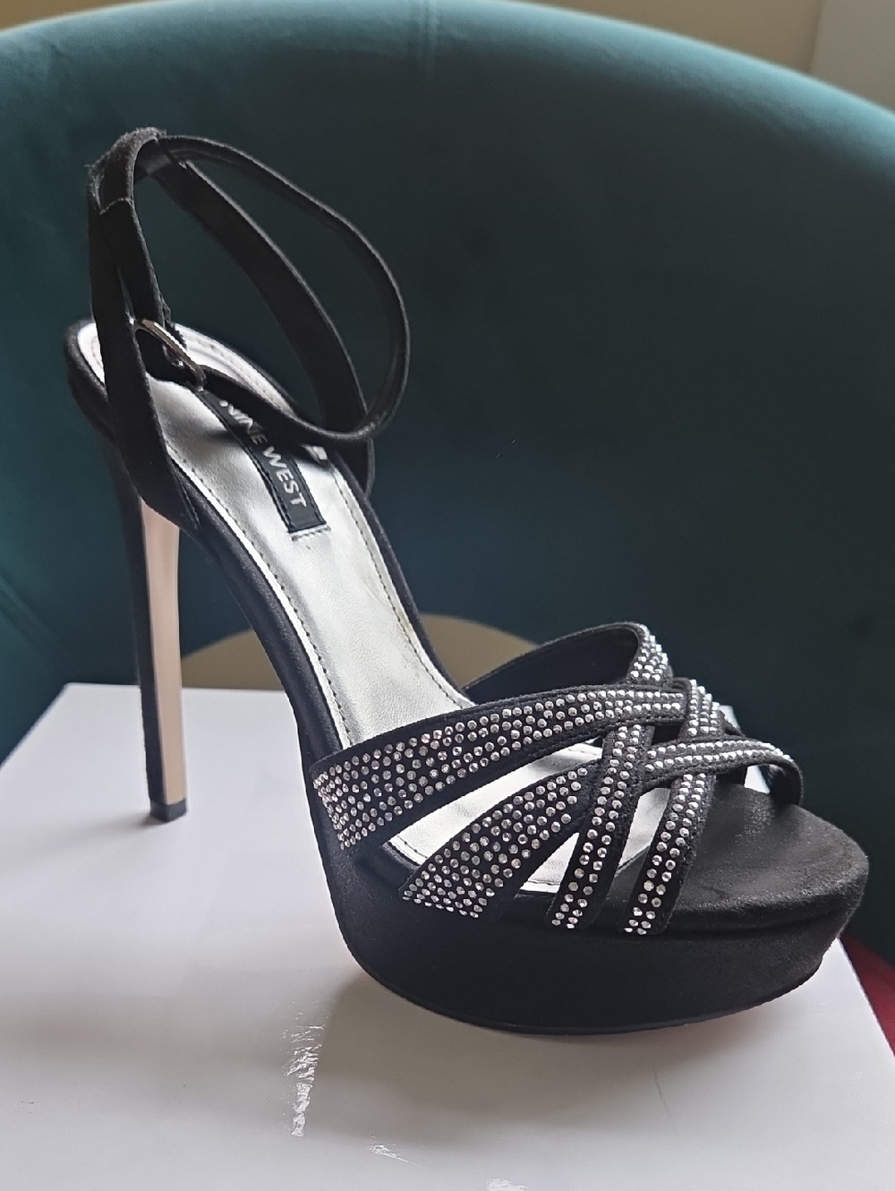 Nine West Black Crystal-Strap Platform Stiletto Sandals